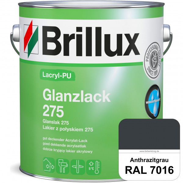 Lacryl-PU Glanzlack 275 (RAL 7016 Anthrazitgrau) Glänzender Lack (wasserbasiert) für z. B. Holz, Zin