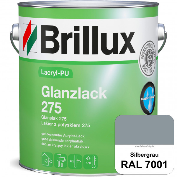 Lacryl-PU Glanzlack 275 (RAL 7001 Silbergrau) Glänzender Lack (wasserbasiert) für z. B. Holz, Zink,