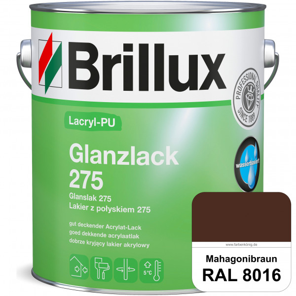 Lacryl-PU Glanzlack 275 (RAL 8016 Mahagonibraun) Glänzender Lack (wasserbasiert) für z. B. Holz, Zin